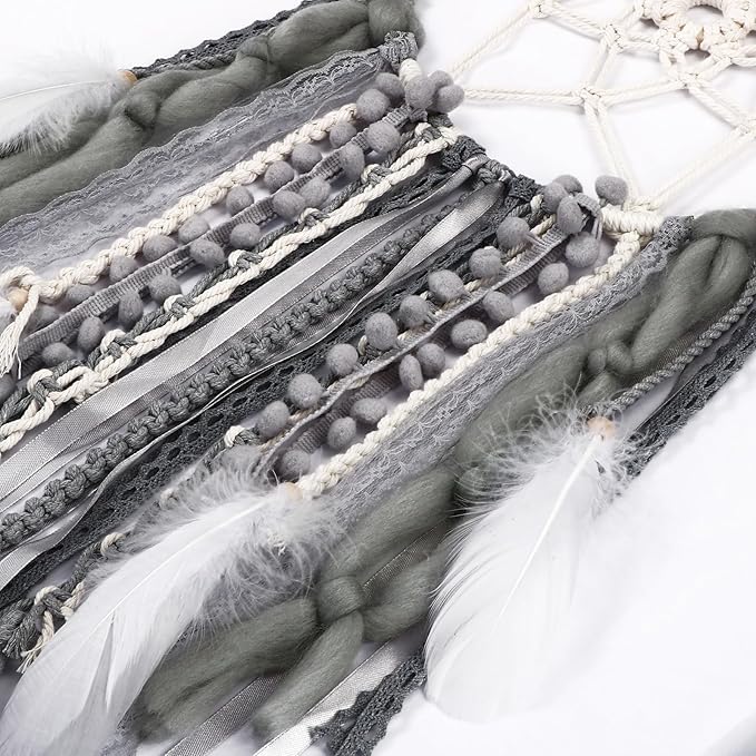 LOMOHOO Large Dream Catcher Handmade Feather Dreamcatcher, Traditional Dream Catchers with Woven Tassels Boho Wall Hanging for Girl Kids Bedroom Baby Room Home Decor Craft Ornament Gift (Grey)