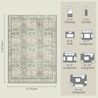 Beige Blue Area Rug 5x7 - Vintage Washable Floral Rug for Living Room, Bedroom, Nursery & Entryway - Low Pile, Non-Slip, Stain Resistant, Retro Indoor Carpet