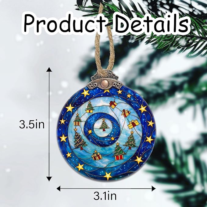 DASTOLL Stained Glass Christmas Decorations, Blue and Gold Star Gift Box Suncatcher for Window Christmas Tree Hanging Ornaments Sun Catcher Xmas Decor Gifts for Women Men Mom Nana Friend
