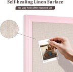 DOLLAR BOSS Bulletin Board with Linen 24'' x 18'' Pink Framed Cork Boards for Walls, Photo Display Pin Board, Decorative Corkboard for Office Home School Girls Dorm Decor with 10 Pushpins, White