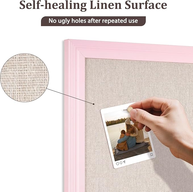 DOLLAR BOSS Bulletin Board with Linen 24'' x 18'' Pink Framed Cork Boards for Walls, Photo Display Pin Board, Decorative Corkboard for Office Home School Girls Dorm Decor with 10 Pushpins, White