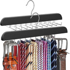 Upgraded Tie Rack Hanger with 20 Foldable Metal Hooks, Space Saving Necktie Organizer for Men – Large Capacity Tie and Belt Wooden Hanger for Closet - Black 2 Pack