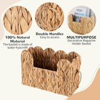 Scalloped Hand Woven Magazine Holder Natural Water Hyacinth Magazine Basket for Newspapers Books Files Decorative Boho Farmhouse Book Basket for Bathroom Living Room Home Office