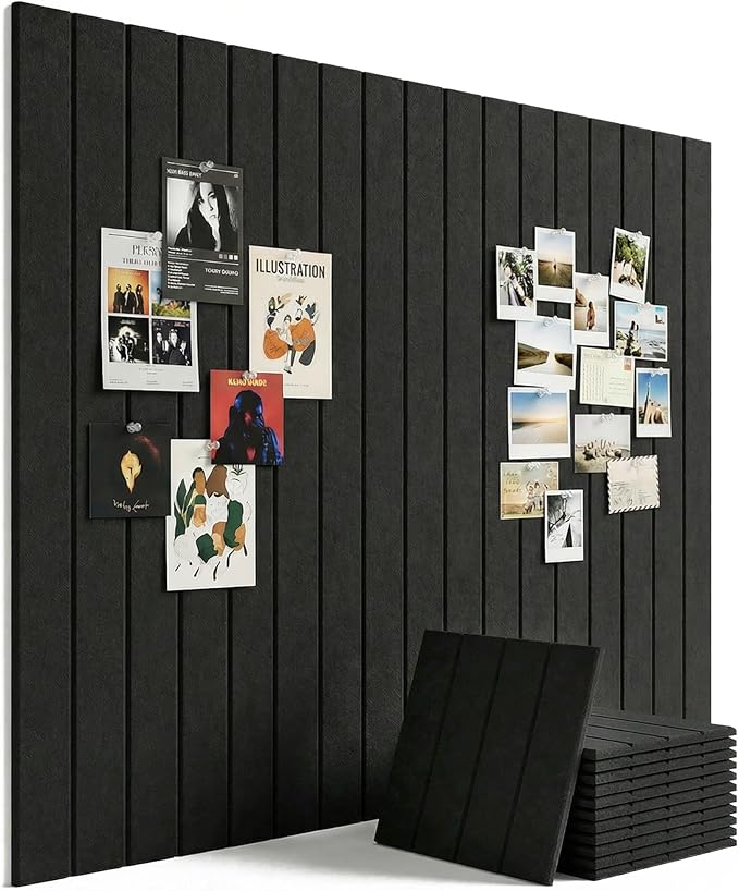 Aothia 12-Pack Felt Bulletin Board Tiles - 48x36 Modular Pin Board for Walls, 0.2" Thick Cork Board Alternative for Office & Classroom, 70 Adhesive Tabs & 40 Pushpins Included (Black)