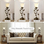 Set of 2 Touch Farmhouse Bedroom Table Lamps 2 USB C+A | Nightstand Vintage Flower Lamps, 3 Way Dimmable Leaf Lamp for Living Room with White Glass Shades, Bulbs Included