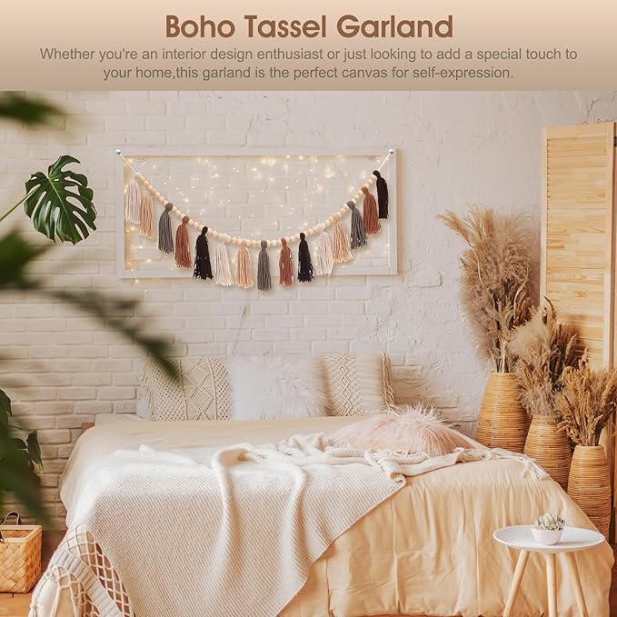 Boho Tassel Garland Western Decor Terracotta Tassel Wood Bead for Birthday, Party Home Nursery Decorations