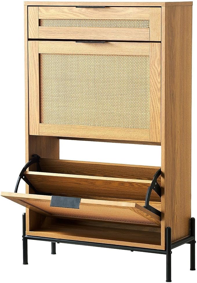 VEVOR Rattan Shoe Cabinet, Narrow Shoe Storage Organizer with 2 Flip Rattan Drawers & 1 Slide Drawer, Metal Legs, Slim Shoe Entryway Cabinet Ideal for Entryway, Closet, Hallway, Light Wood Color