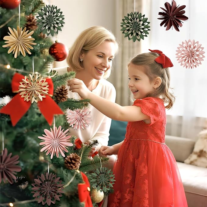 EASY JOY 9Pcs Christmas Hanging Decorations - 3D Paper Christmas Tree Hanging Decor Pink Green Brown Snowflake Ornaments Christmas Decorations Outdoor Indoor for Xmas Party,Boho Home,Window Door Decor