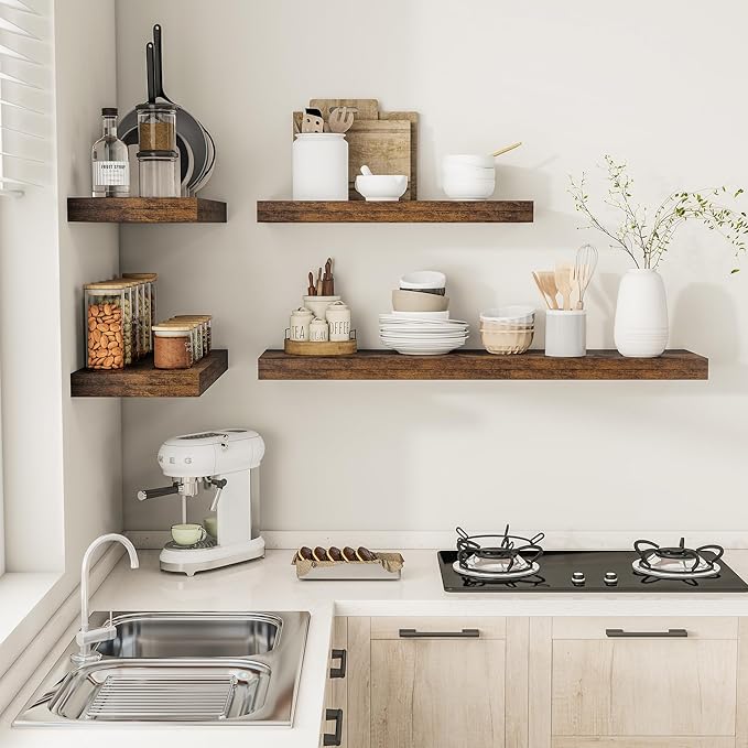 Vivelove 12" Deep Floating Shelves Over Toilet, 24" Wall Shelves for Bathroom Bedroom Kitchen Living Room Laundry Room, Farmhouse Rustic Shelves for Home Decor, 24" X 12" X 2" Set of 2, Rustic Brown