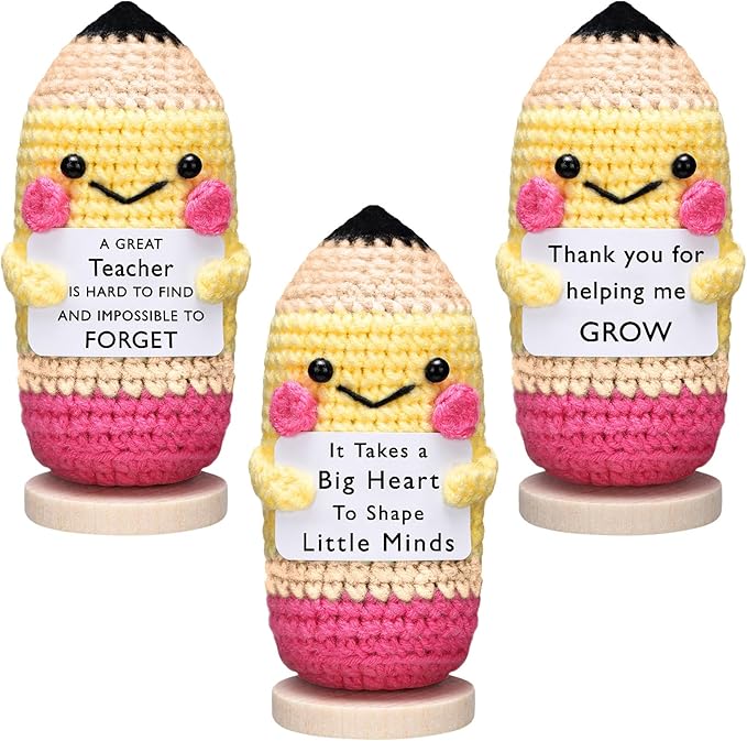 Wavwavw 3 Pack Teacher Appreciation Gift Positive Flower Handmade Crochet Doll Thank You for Helping Me Grow Gifts Back to School Gifts for Women Teacher(Pencil)