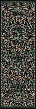 Moynesa Floral Kitchen Runner Rug, 2x6 Runners for Hallways 6ft Non Slip Washable Soft Rug Runners, Boho Botanical Ultra Thin Stain Resistant Carpet Runner for Bathroom Entryway, Black