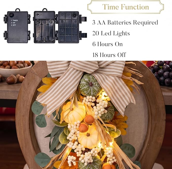 Valery Madelyn 24 inch Fall Pumpkin Teardrop Swag Autumn Harvest Door Hanger with Green & White Mini Pumpkins, Eucalyptus, Raffia, Berries and Striped Bow for Front Door Thanksgiving Table Centerpiece