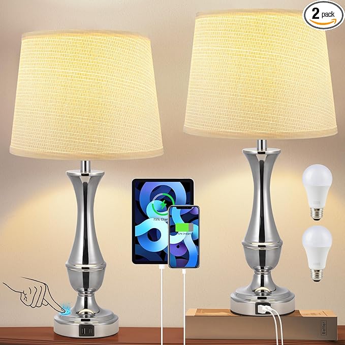 Seealle Upgraded Touch Lamps for Night Stands Set of 2 - Bedside Lamps with USB C+A, 3 Way Dimmable for Bedroom Living Room End Tables Office (Weaving White&Silver)