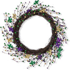 Glitzhome 20" Wreath Decoration Glitter Purple Gold Green Berry & Fleur-de-Lis Wreath Carnival Front Door Decoration for Indoor Outdoor Holiday Party Favors