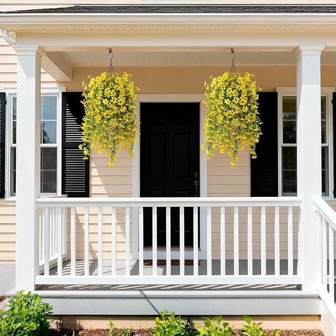 Artificial Fake Hanging Flowers Plants for Outdoor Spring Decoration,2 PCS Faux Silk Daisy with Eucalyptus Leaves,UV Resistant Look Real for Outside Home Indoor Planter Porch Patio Balcony Yard Decor
