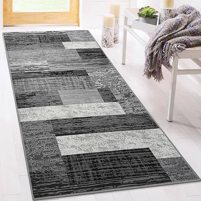 FlyDOIT Modern Geometric Patchwork Area Rug, 2x6 Grey Runner Rugs for Living Room, Rockwood Collection Indoor Rugs for Bedroom, Throw Carpet Floor Decor for Entryway Dining Room Office Nursery