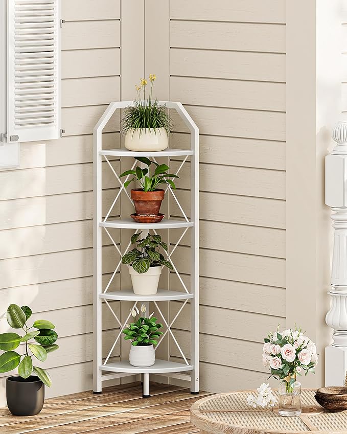CHOEZON 4-Tier Corner Shelf, Industrial Corner Bookshelf, 47.6" Corner Storage Stand, Plant Stand Display Shelf, Corner Bookcase for Bedroom, Living Room, Home Office, White TCJ09WB