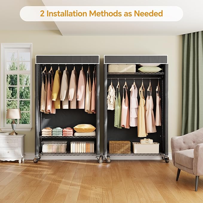 H4 Clothing Rack with Cover, Rolling Heavy Duty Clothes Rack, Garment Rack on Wheels, Portable Closet for Hanging Clothes, Black Clost Rack with Black Fabric Cover, Max Load 380LBS