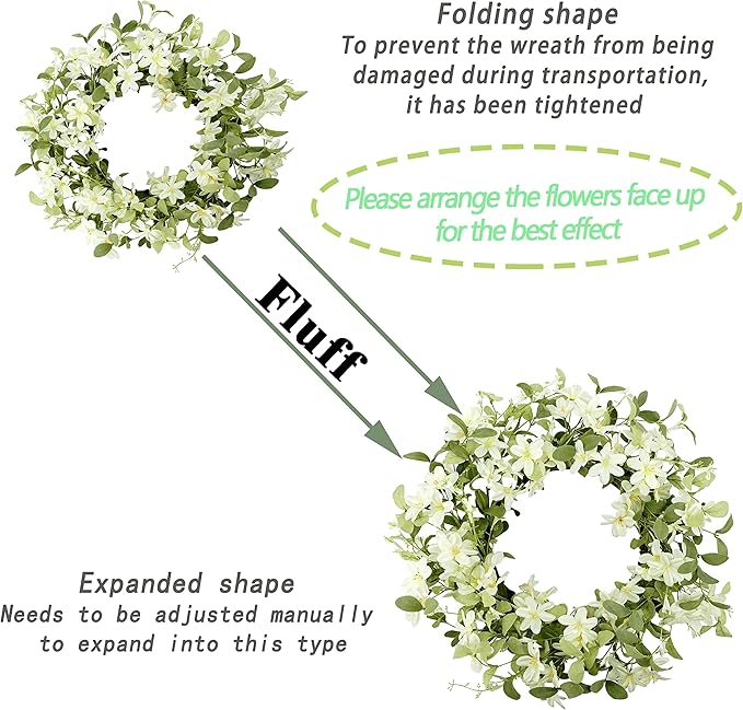 WreathDream 18'' Spring Wreath Summer Wreath for Front Door with Green Eucalyptus Leaves and White Cherry Blossoms for Home Outdoor Farmhouse Porch Wall Decoration, White Gift Box Included