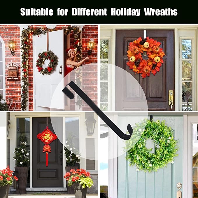 GameXcel 12" + 15" Wreath Hanger for Front Door - Large Wreath Metal Hook for Christmas Wreath Over The Door Hangers - 2 Pcs Black