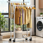 Luxspire Double Rods Clothes Rack for Hanging Clothes, Rolling Clothing Rack with Side Hooks, Bottom Shelves, 360° Wheels, Garment Racks for Bedroom, Laundry, Living Room, White