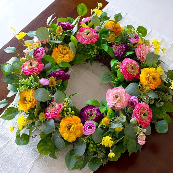 Spring Wreaths for Front Door 24 Inch Outdoor Spring Wreath with Peony Rose Ranunculus & Eucalyptus,Handmade Silk Summer Wreaths for Front Door,Spring Door Wreath for Porch Home Wall Window