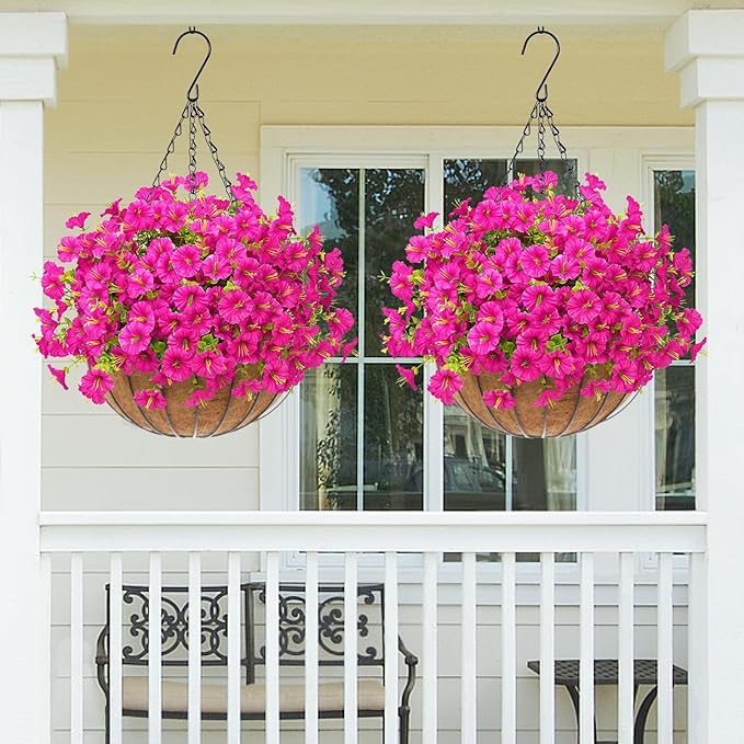 MARTINE MALL 12 Bundles Look Real Artificial Flowers for Outdoors, Realistic Fake Outdoor Flowers, UV Resistant Silk Petunia Flowers for Outside Faux Flowers Plants for Outdoor Porch, Fuchsia