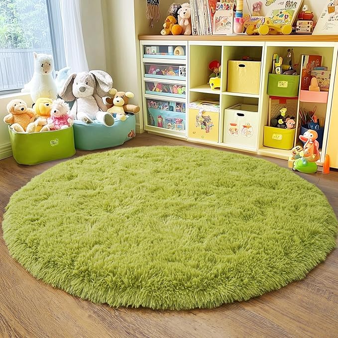 3'x3' Grass Green Round Rug for Bedroom, Ultra Soft Fluffy Circle Rug for Kids Girls Boys Room, Cute Small Shag Rugs for Living Room Playroom Tent Castle Home Decor Rug
