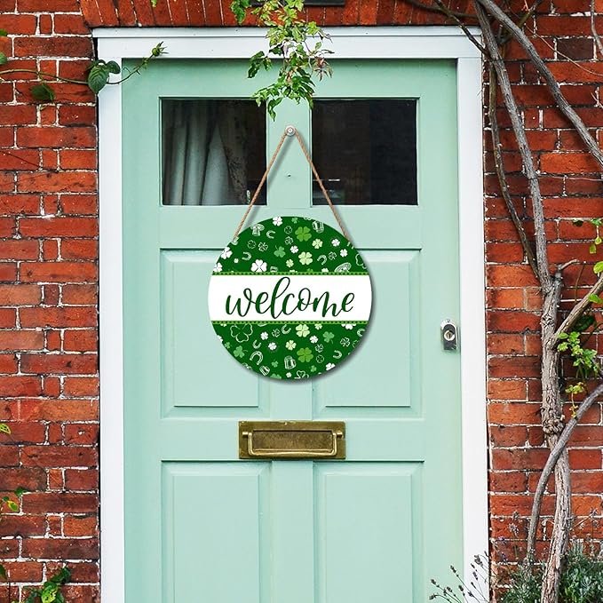 St Patricks Day Welcome Door Decoration for Home Welcome Shamrock Wreath Sign for Front Door St Patricks Day Outdoor Decorations Hanging Wooden Sign for Home Proch Spring Farmhouse 12x12 Inch
