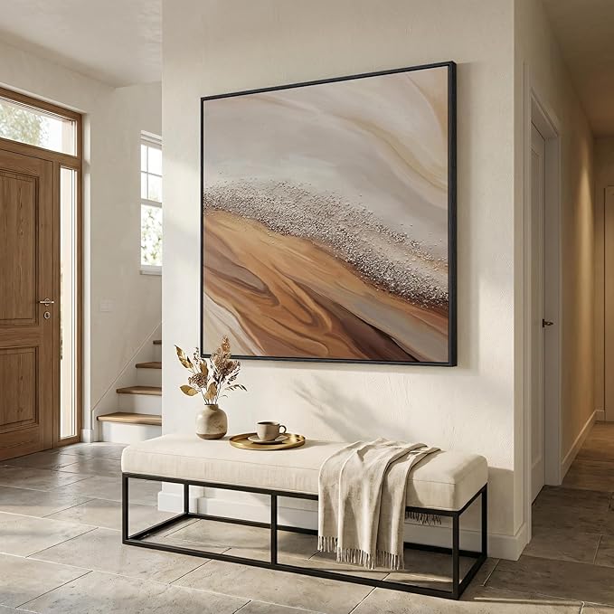 Extra Large Framed Neutral Abstract Wall Art for Living Room, Oversized Square Modern Canvas Prints Paintings, Beige and Earth Tone Pictures for Hallway Dining Bedroom Office Wall Decor 40x40 In