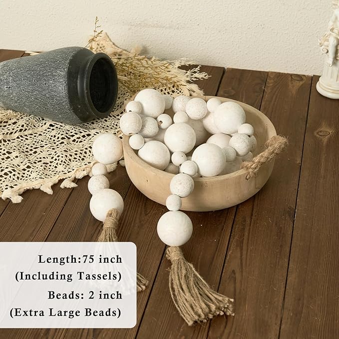 2" Extra Large Wood Bead Garland with Tassels, 75" Long Rustic Farmhouse Wooden Beads Garland, Decorative Beads Boho Decorations for Home Table Mantle White