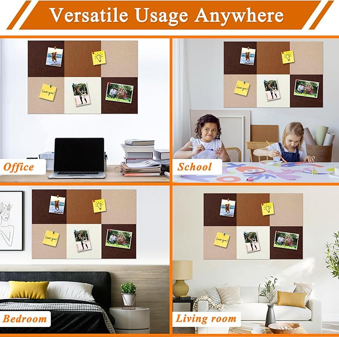 Square Felt Cork Bulletin Board Tiles, Self Adhesive DIY Felt Pin Board for Wall 30" x 20" with 35 Pushpins for Office School Home Wall Decor Stickers Memos Photos Display (Gradual Brown)
