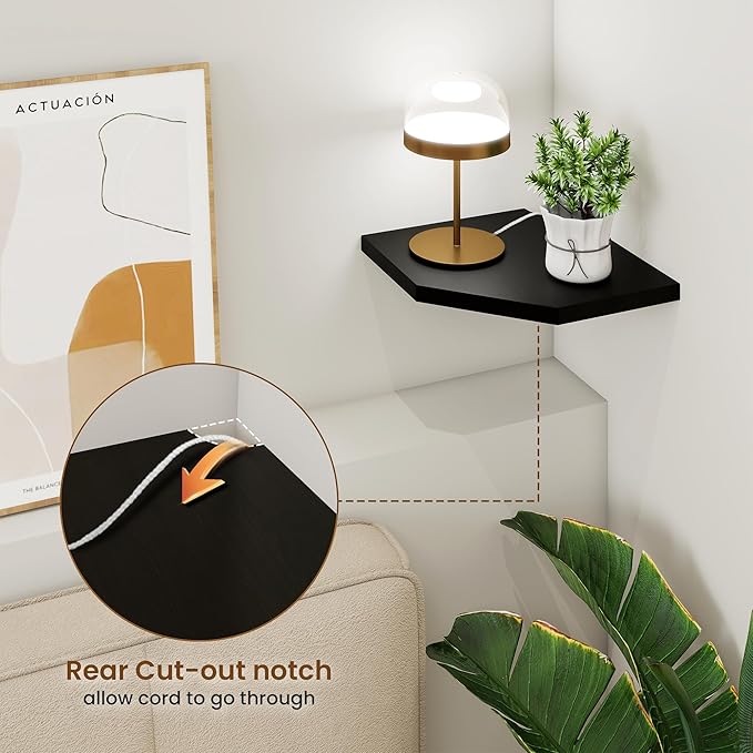 Fun Memories Corner Shelf Wall Mount Set of 2 - Solid Oak Wood Floating Corner Shelf with Cable Hole, 8.5in Rustic Design for Bedroom, Living Room, Kitchen (Black)