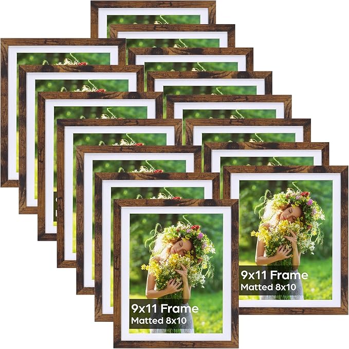 Lyeasw 8x10 Picture Frame 15 Pack, Display Pictures 8x10 with Mat or 9x11 without Mat, Brown Rustic Bulk Photo Frames for Wall or Tabletop