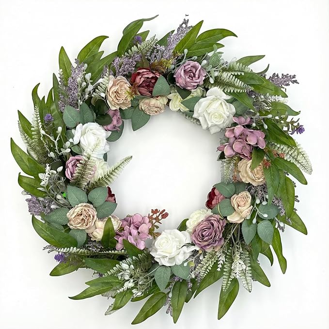 26 Inch Eucalyptus Wreaths with Roses, Hydrangeas, Lavender, Berries, Salal Leaves, Ferns, Dusty Miller, Green Summer Spring Wreaths for Front Door, Large Wreath for Porch Decor