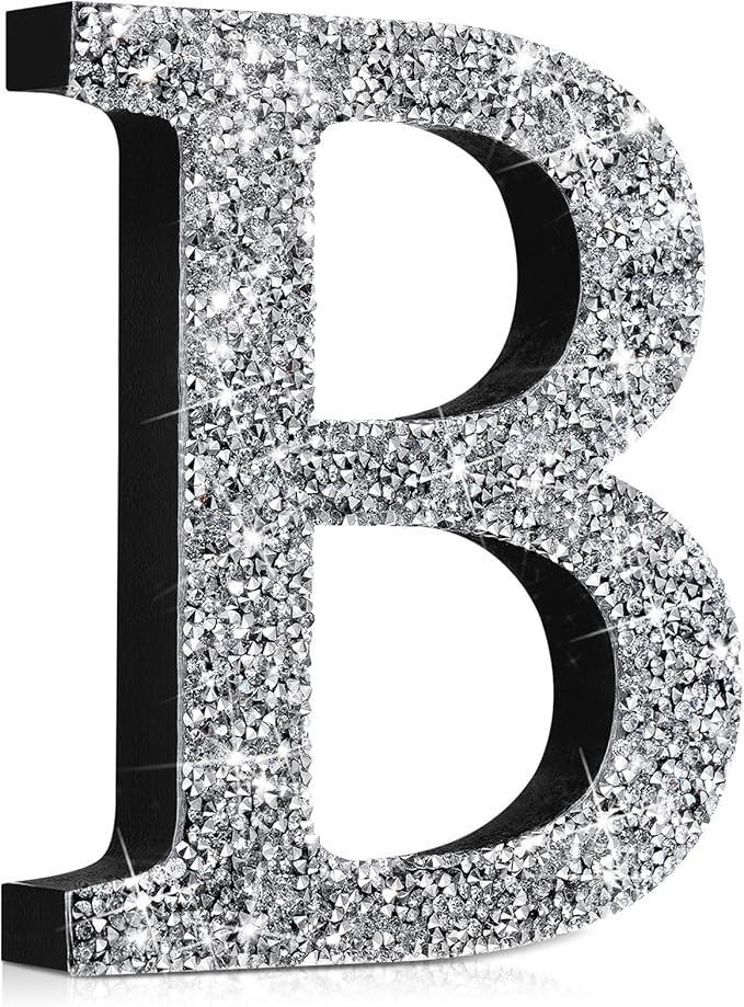 Qunclay 8'' Silver Crystal Diamond Bling Letters Crushed Diamond Decoration Wooden Glitter Letter with Screw and Hooks Rhinestone Gift for Wedding Y2k Mcbling Bedroom Wall Decor (Letter B)