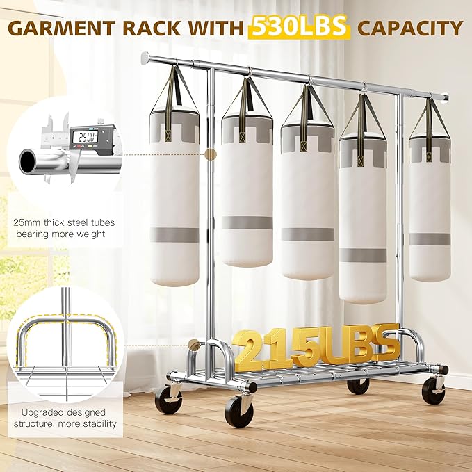 Raybee 75" W Clothes Rack Load 530 LBS, Clothing Racks for Hanging Clothes, Adjustable Heavy Duty Clothes Rack, Portable Metal Garment Rack for Bedroom Laundry Living Room