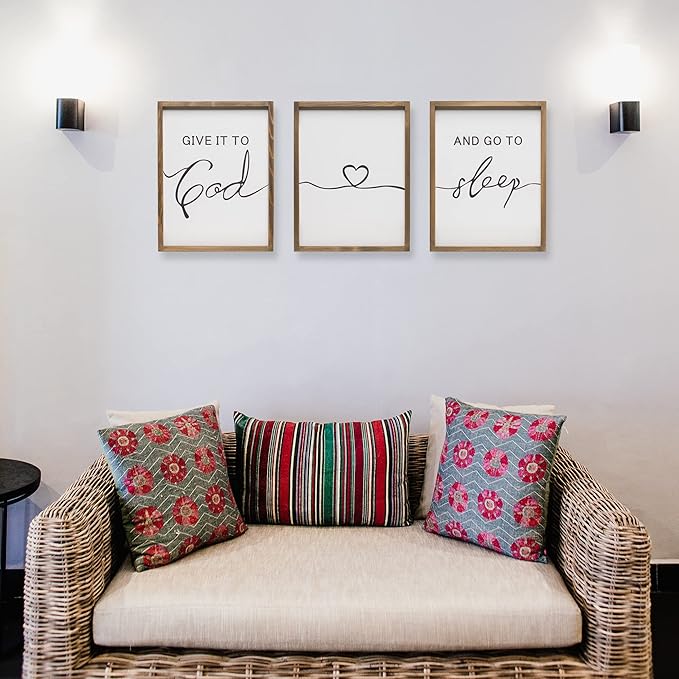 Set of 3 Framed Farmhouse Give it to God and Go to Sleep Signs 11x14” Above Bed Wall Decors for Bedroom Wood Signs (11x14 inches, Brown)