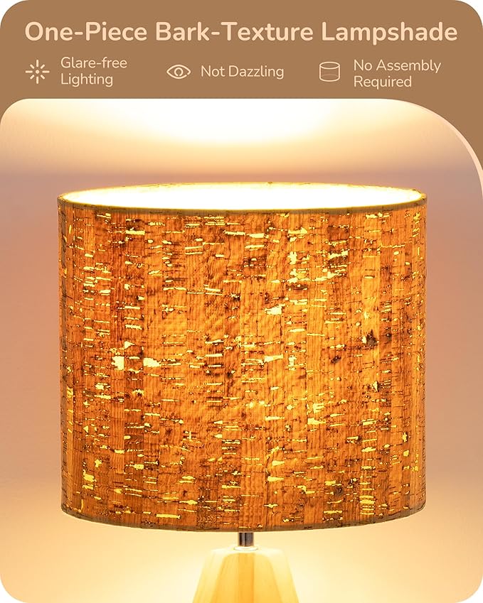 EDISHINE Small Table Lamp, Wooden Tripod Nightstand Lamp with Bark Linen Shade, Farmhouse Bedside Lamp for Nursery, Bedroom, Kids Room, Office, Reading Desk, 14.2 Inch, E26 Socket, ON/Off Switch