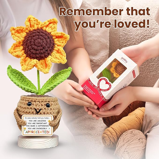 Gossby Appreciation Gift Women - Sunflower Flower Crochet - Thank You, Inspirational, Encouragement Gift Coworker, Boss, Employee, Teacher, Friend - Positive Emotional Support Plush - You're Amazing