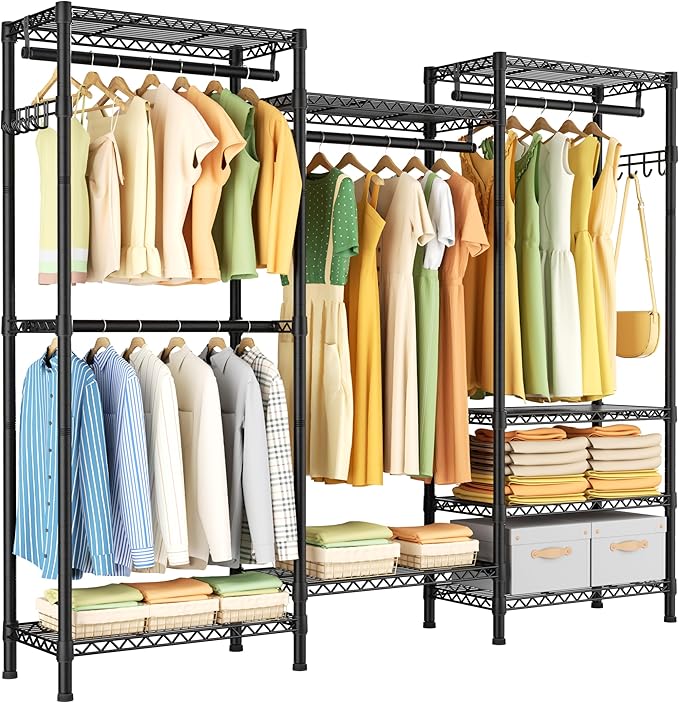 Heavy Duty Garment Rack Clothes Rack,Large Metal Closet Organizer System Storage Wardrobe,Freestanding Clothing Rack with 8 Adjustable Wire Shelves&4 Hang Rods,MaxLoad 800lbs