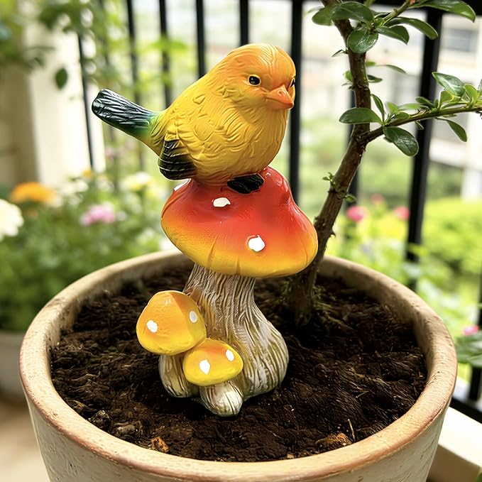Birds Mushroom Resin Statue - Bird Stand on Mushroom Garden Decor Bright Yellow Small Bird Sculpture Figurine for Indoor Home Shelf Outdoor Backyard Yard Porch Patio Lawn Decorations