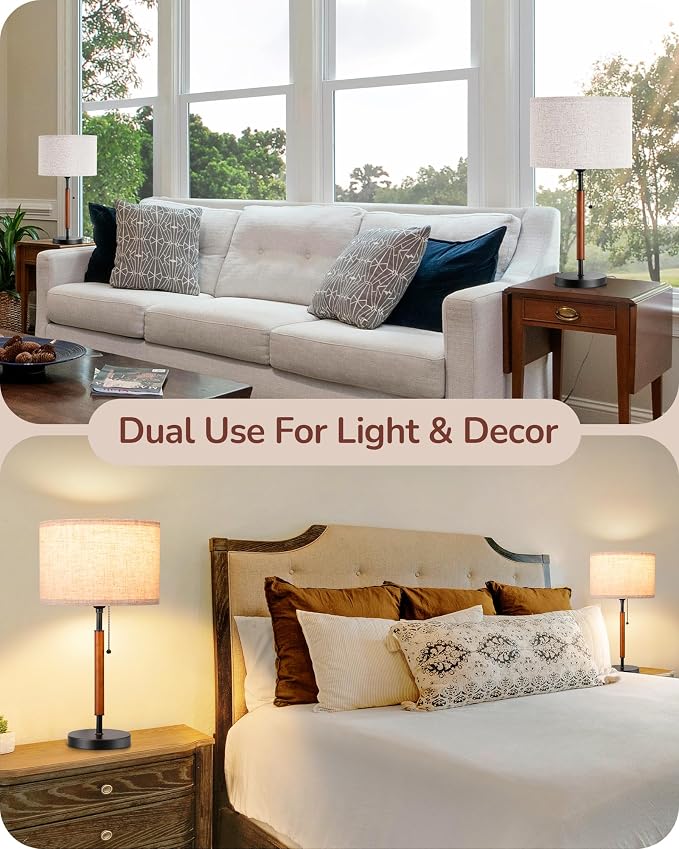 EDISHINE Mid Century Table Lamp Set of 2, Pull Chain Switch Bedside Lamp, Linen Shade, Solid Wood Pole & Black Metal Base, Modern Nightstand Lamp for Bedroom, Living Room, Office, E26 Base