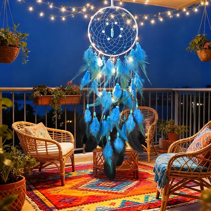 Dremisland Dream Catcher Handmade Blue Feather Dreamcatchers Wall Hanging Elegant Wall Art Room Decoration for Windows Balcony Bedroom Wedding Party Gift for Girls and Kids (Blue-with Lights)