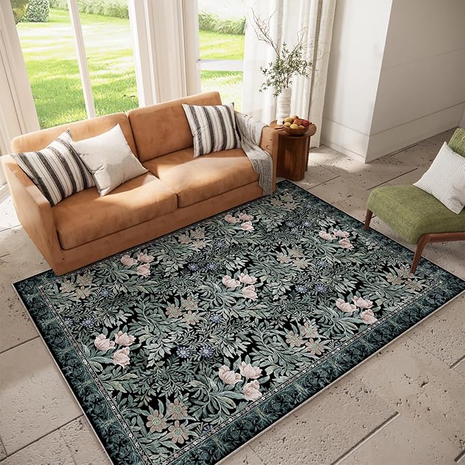 Washable Area Rugs 6x9 Black Green Vintage Floral Botanical Pattern,Perfect for Living Room, Bedroom, Kids Room, Nursery - Stain & Water Resistant Non-Slip, Pet & Child Friendly/Bedroom Decor
