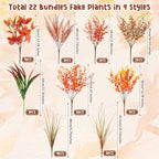 22 Bundles Artificial Fall Flowers for Outdoor Decoration, 9 Styles Autumn Thanksgiving Halloween Decor with Persian Leaves, Lavender, Eucalyptus, Maple Leaves for Window Box Patio Fireplace Decor