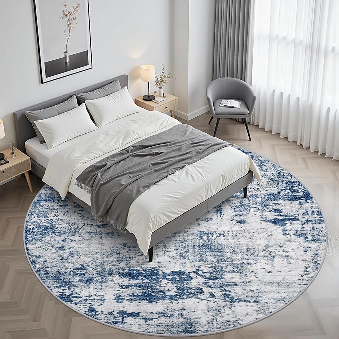 Round Area Rug for Living Room: 6 ft Washable Modern Abstract Soft Thin Rug Indoor Floor No Slip Stain Resistant Carpet for Bedroom Dining Room Farmhouse Nursery Home Office - Blue
