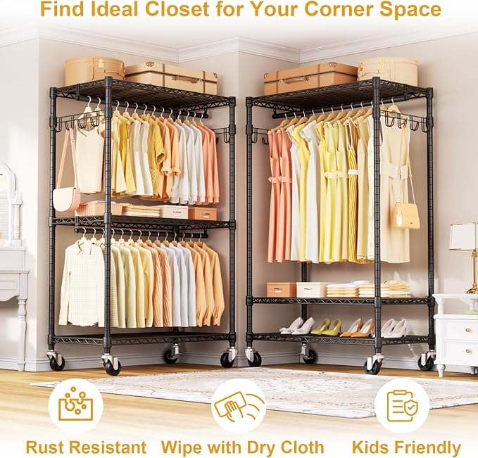 P1 Rolling Clothes Rack, Portable Wardrobe Closet with Wheels, Heavy-Duty Closet Clothing Rack for Hanging Clothes, 35.5" W x 15.7" D x 80.5" H, Hold 500lbs, Black