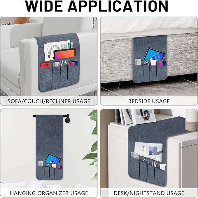Couch Armrest Remote Control Holder, Couch Caddy Gifts for Seniors Bed Caddy Tv Remote Holder with 5 Pockets for Key Glasses Phone Magazine Holders