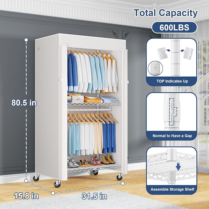 P8C Heavy Duty Clothes Rack（With Extended Width Design） Rolling Clothing Racks for Hanging Clothes with Lockable Wheels，31.5" W x 15.8" D x 80.5" H，Max Load 600LBS，White Rack with White Cover